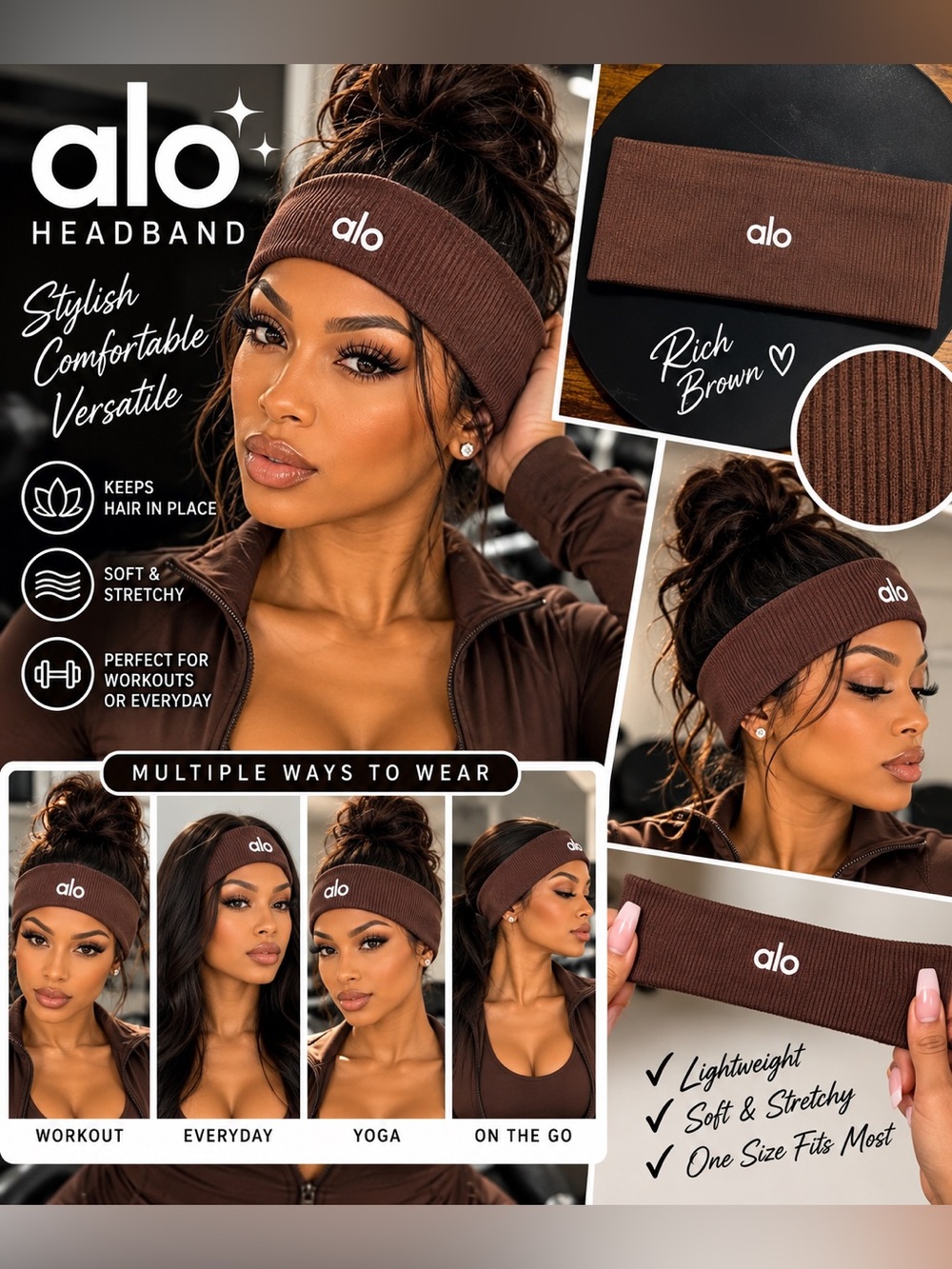 ALO Yoga Rich Brown Ribbed Headband - Stretchy Comfort Hairband